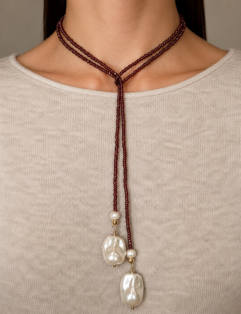 Burgundy Beaded Lariat Necklace with Baroque Pearl Drop