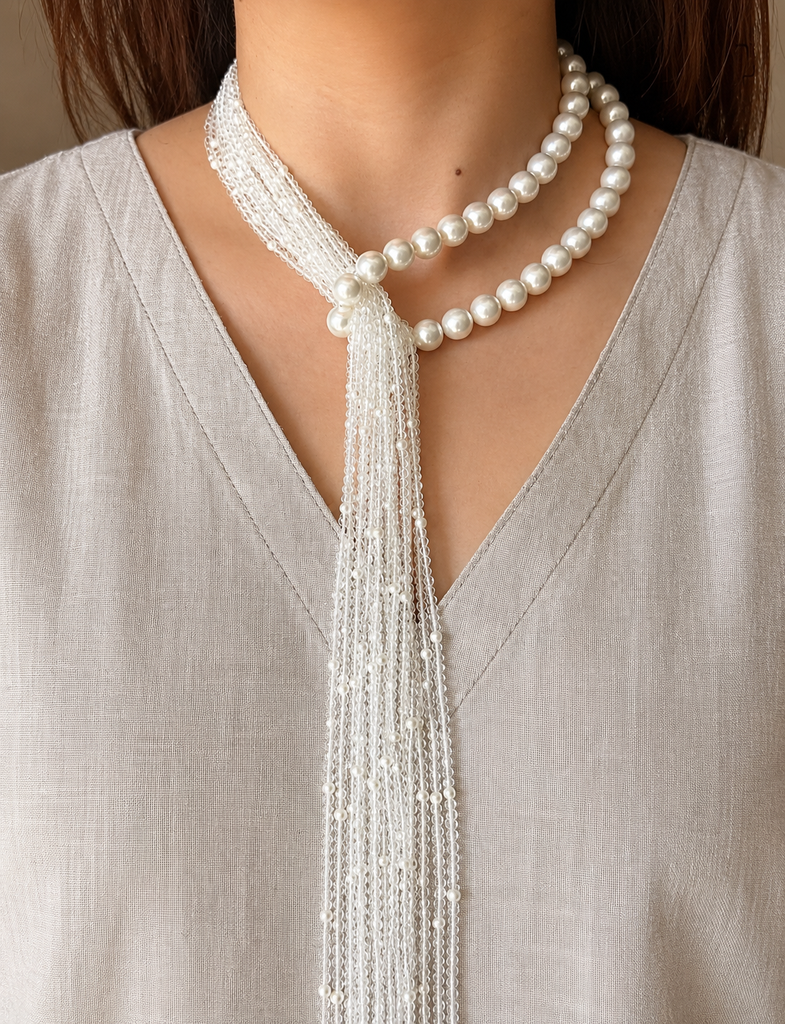 Elegant White Pearl Tassel Lariat Necklace