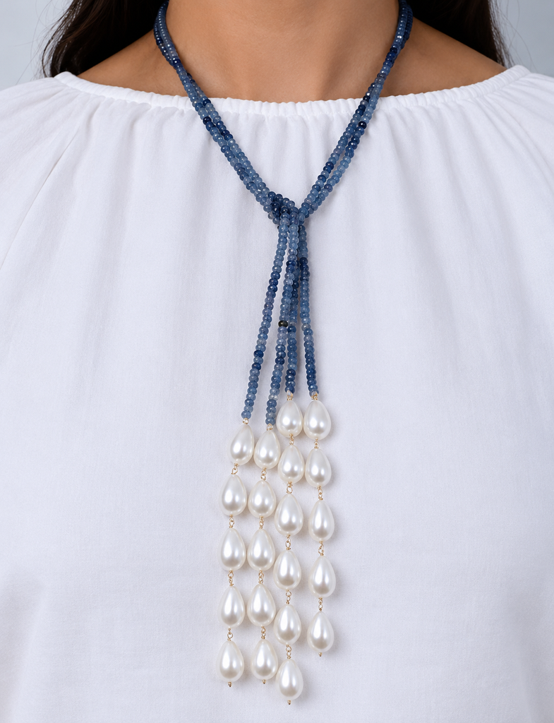 Midnight Blue Pearl Tassel Lariat Necklace