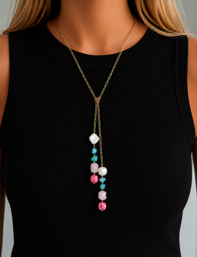 Gold Chain Multi Bead Lariat Necklace