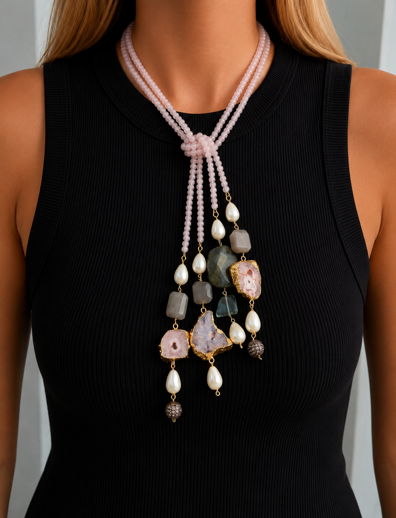 Blush Pink Multi Stone Statement Lariat Necklace