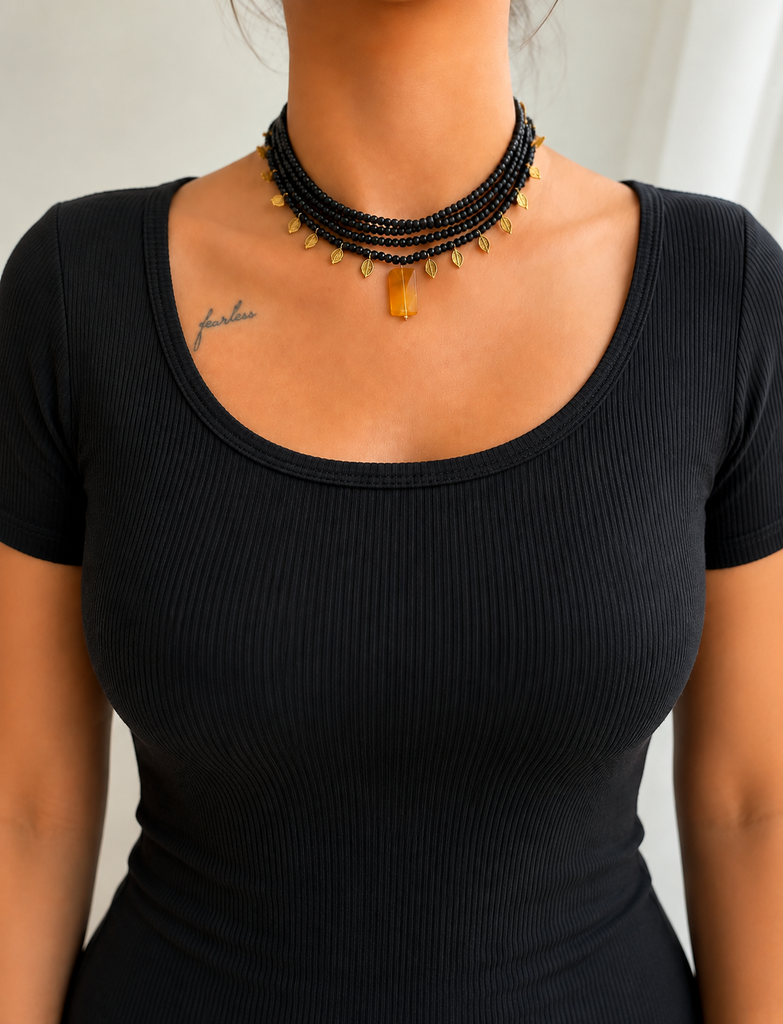 Noir Amber Beaded Choker- Citrine stone