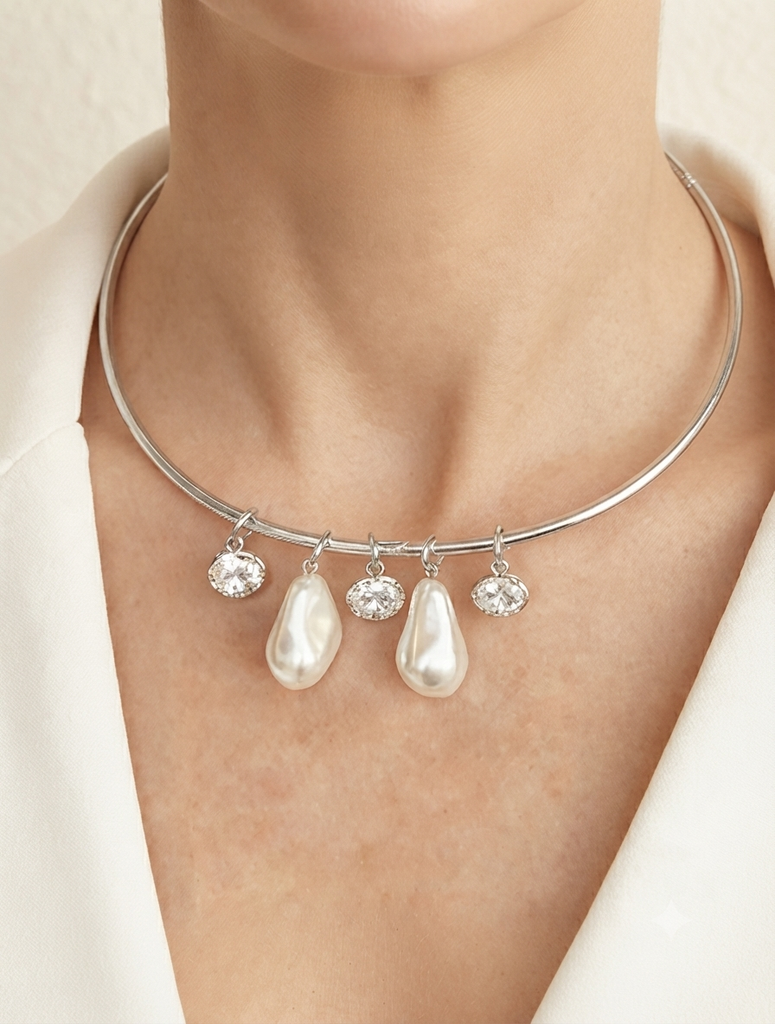 Luxury Silver Pearl & Crystal Choker Necklace