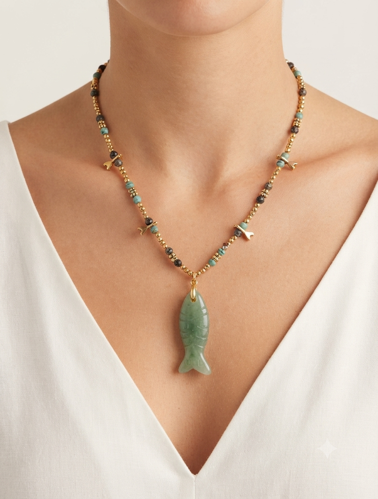 Bohemian Green Jade Fish Pendant Beaded Necklace