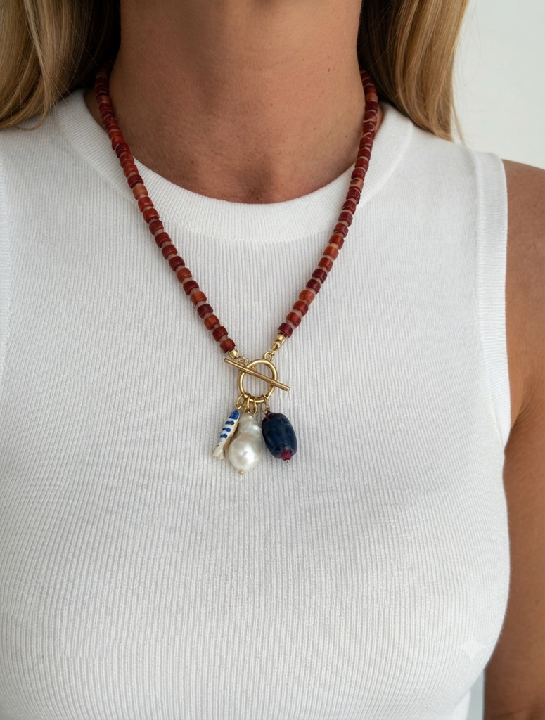 Handcrafted Brown Seed Bead Charm Necklace
