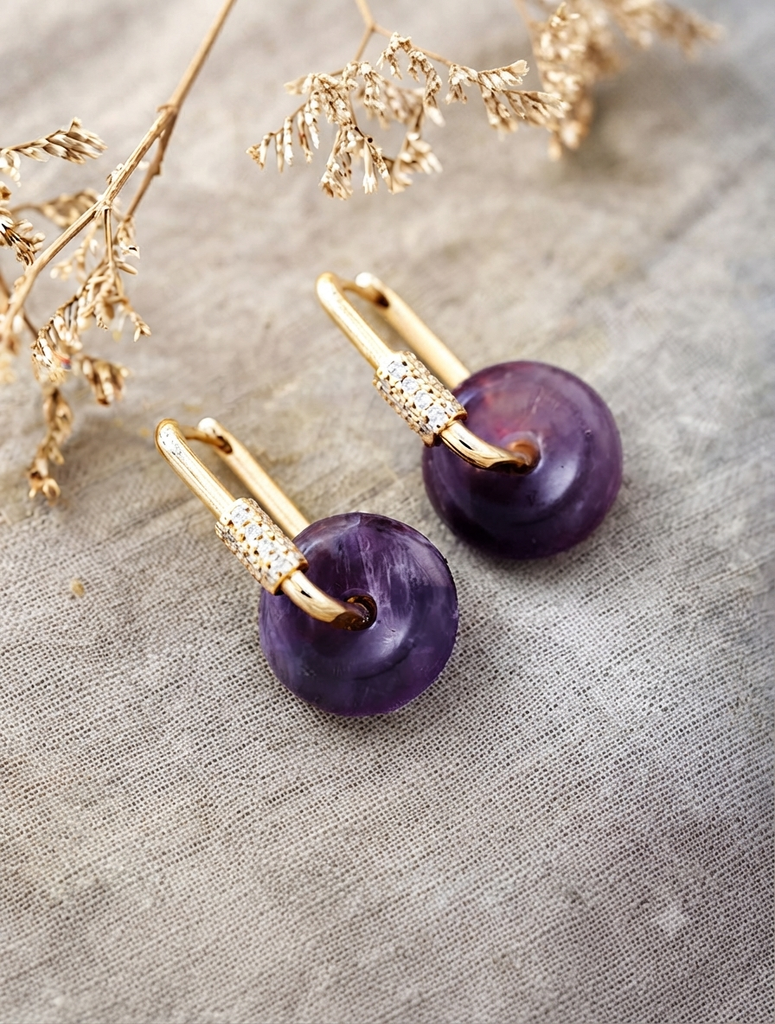 Luxury Amethyst Stone Gold Lock Hoop Earrings