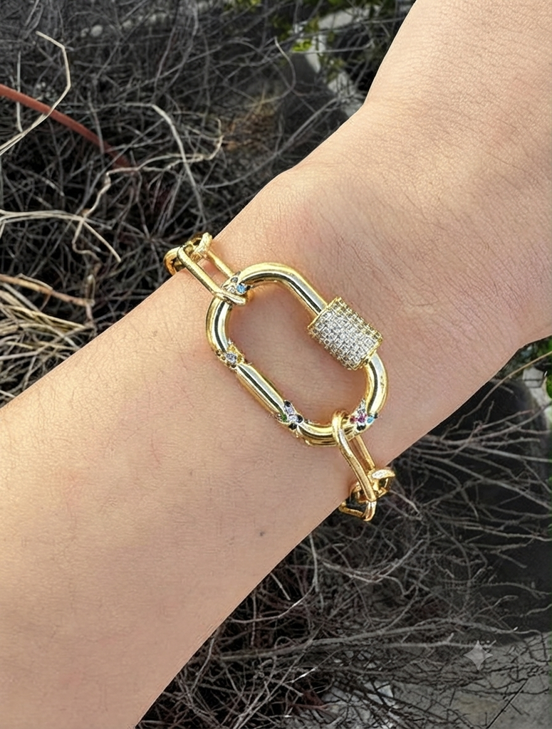 Luxury Gold-Tone Lock Link Bracelet with Crystal Accents