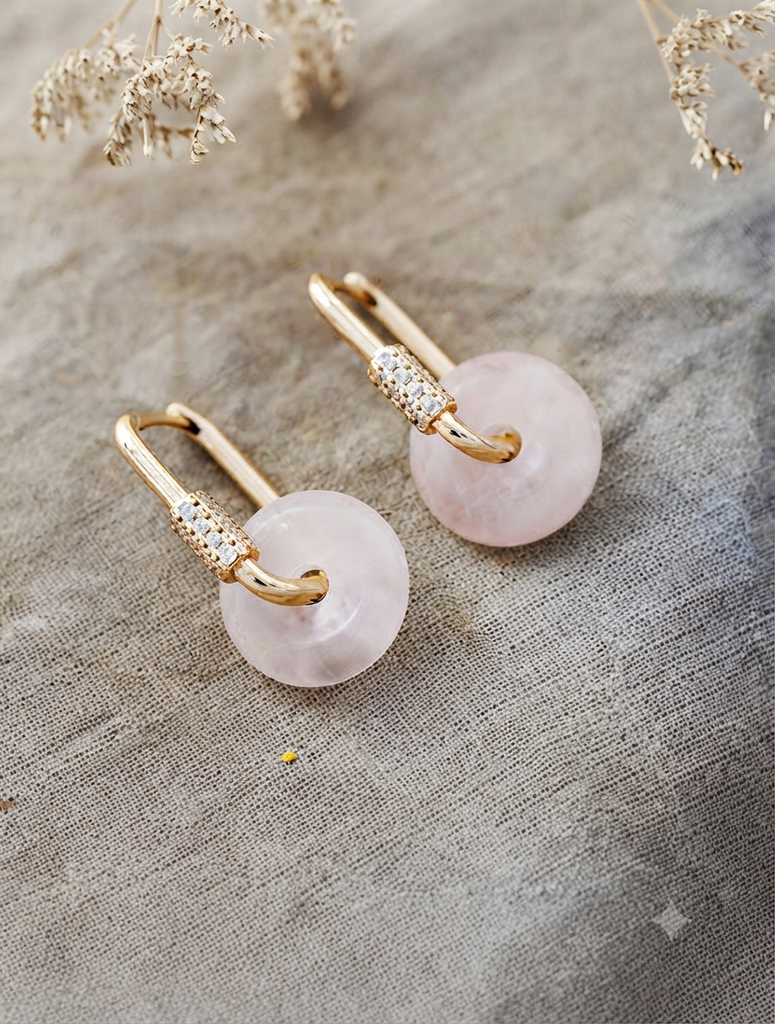 Rose Quartz Donut Hoop Earrings with CZ Lock Detail