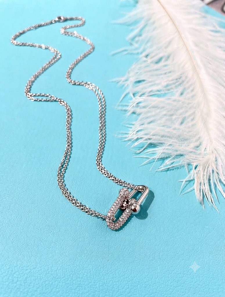 Silver Crystal Lock Pendant Necklace
