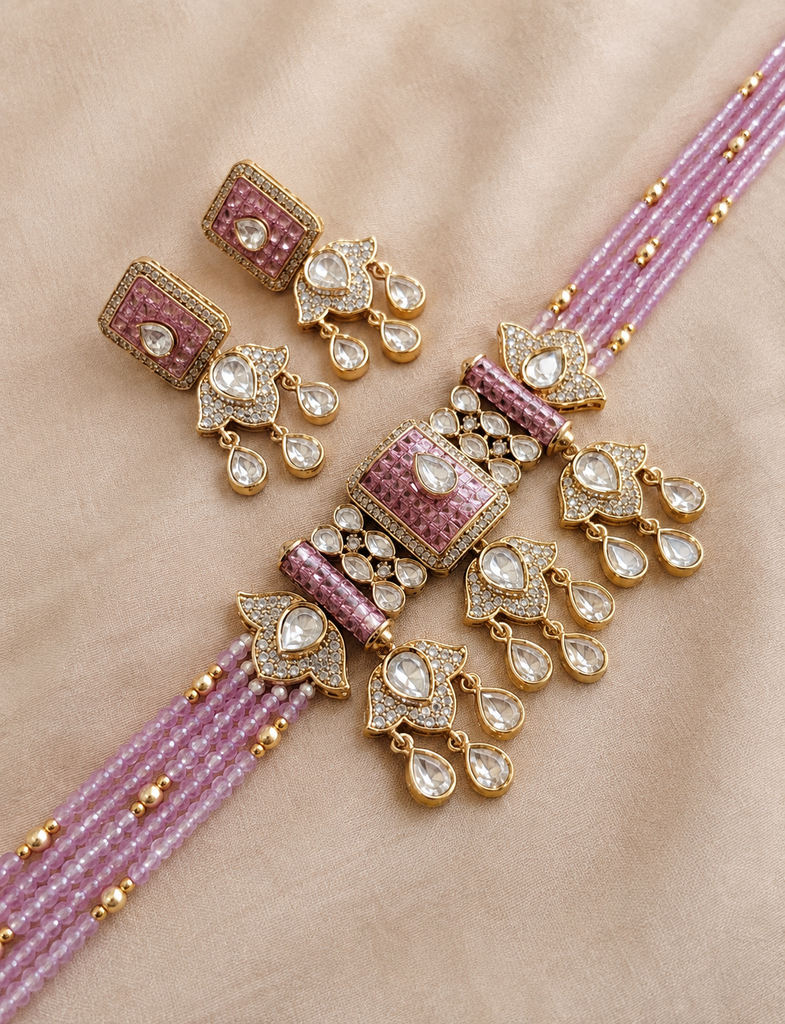 Blush Pink Crystal Beaded Choker Necklace Set