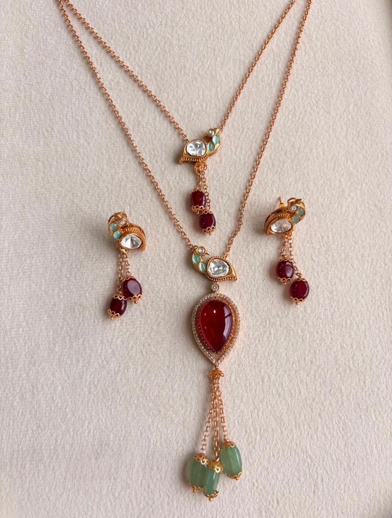 Ruby Royale Dual-Layer Pendant Necklace Set