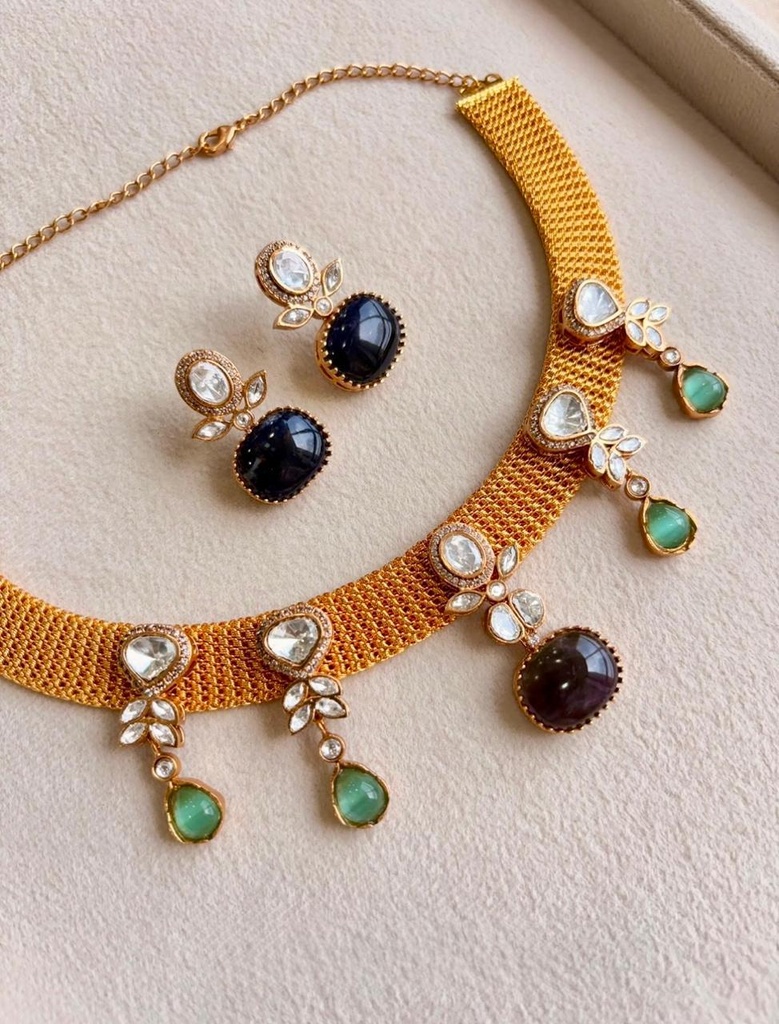 Royal Mesh Kundan Choker Necklace Set with Dual Stone Drops
