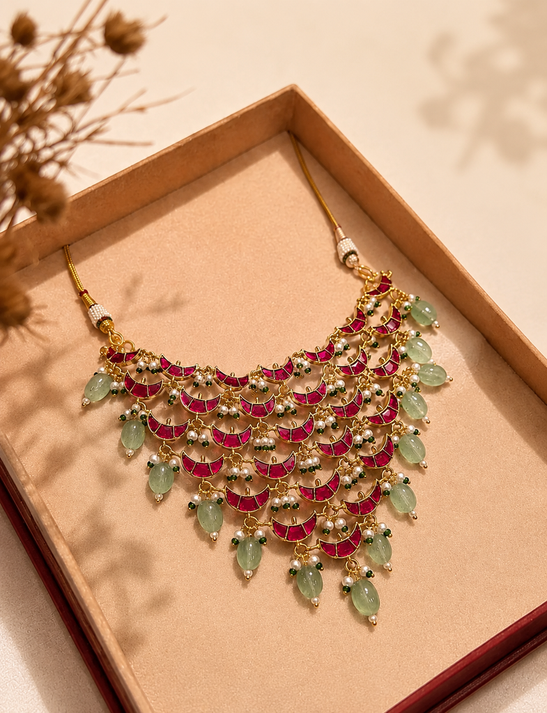Floral Cascade Statement Necklace – Gold Finish with Pink Stone Accents