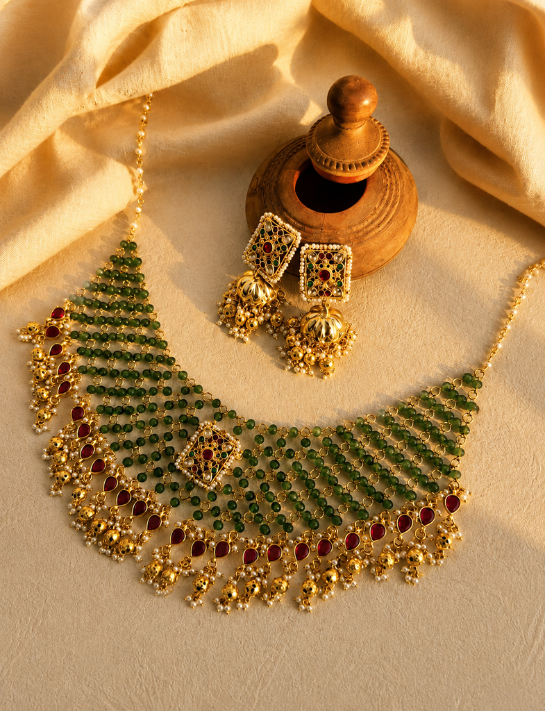 Royal Emerald Beaded Floral Bridal Choker Necklace Set with Jhumka Earrings