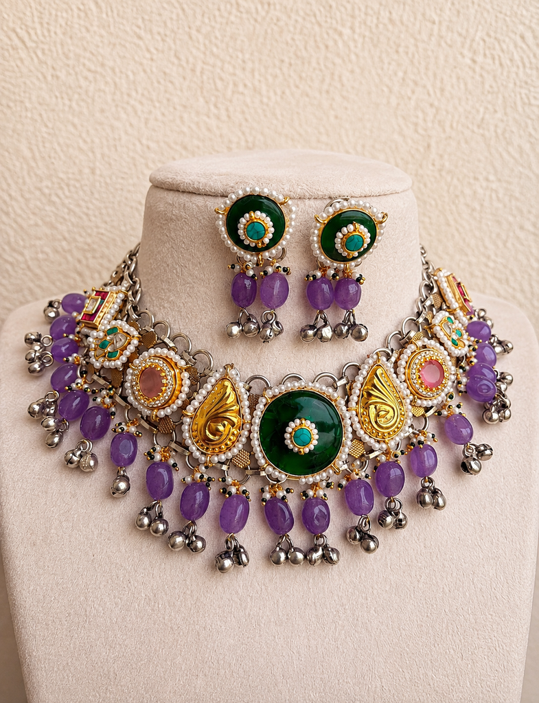 Royal Oxidised Choker Necklace Set with Purple Beads & Stud Earrings