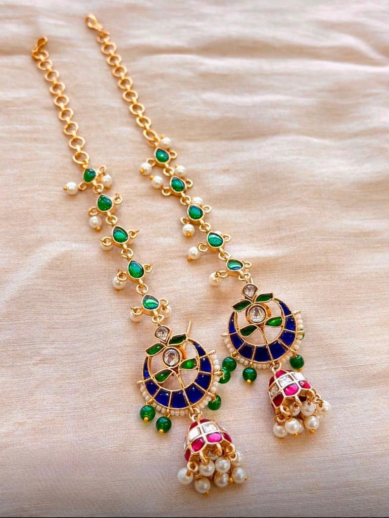 Traditional Green & Blue Kundan Ear Chain Jhumka Earrings for Women