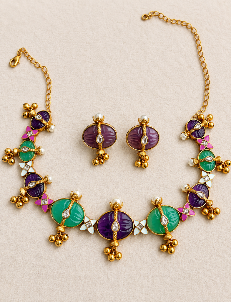 Handcrafted Multicolor Kundan Necklace Set with Matching Stud Earrings