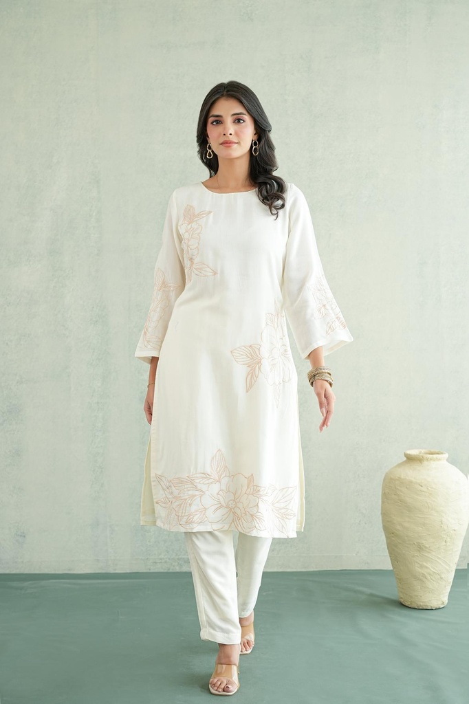 [TS006offwhite] Off White embroidered Tunic Set (XS)